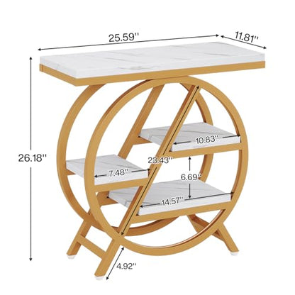 Tribesigns End Table for Living Room, 3-Tier Faux Marble Side Table with Storage, Wood Narrow Sofa Side Table with Geometric Metal Frame, Modern Nightstand and Bedside Table for Bedroom, Gold & White