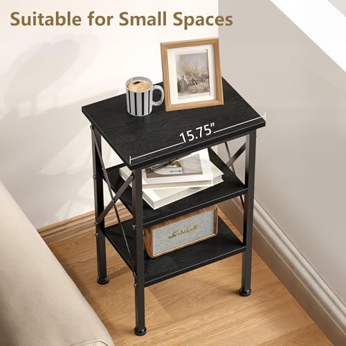 End Table, Bedside Table, 24" Tall Living Room End Tables, X-Design Reinforced Nightstands, Side Table with 3-Tier Storage Shelves for Small Spaces, Office, Bathroom, Bedroom, Classic Black