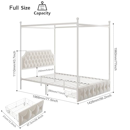 Full Upholstered Canopy Bed Frame with 2 Storage Drawers & Button Tufted, view 3