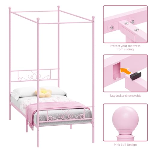 Twin Canopy Bed Frame with Headboard, Metal Twin Beds for Kids, Pink, view 9