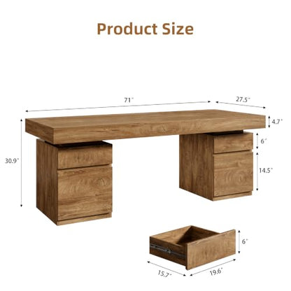 71-Inch Executive Desk, Wooden Office Desk with Storage, Oak Brown, view 4