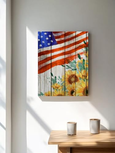 NuYeBiofx Independence Day Sunflower USA Flag Canvas Wall Art Prints,30"x20" Framed Picture Artwork Vintage Wood Grain Printed Canvas Oil Painting for Living Room Bedroom Office,Ready to Hang
