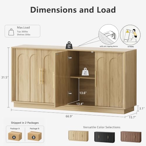 67" Sideboard Buffet Cabinet with Storage, Arched Doors, Oak, view 4