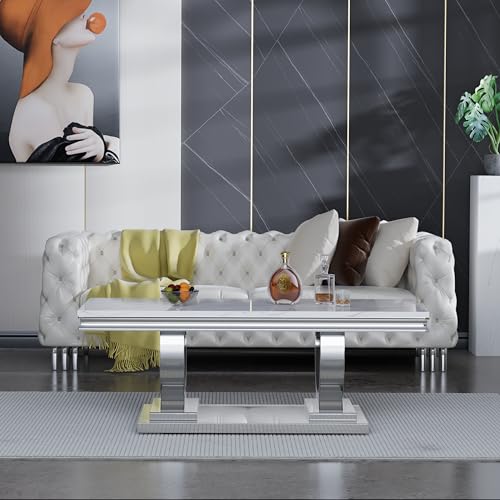 46.8" Coffee Table with Marble Top, Modern Rectangular Faux Marble Coffee Table with Silver Stainless Steel Base, Luxury White Cocktail Center Tea Table for Living Room