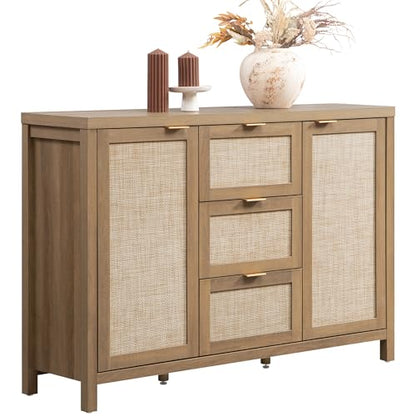 52 Inch Rattan Sideboard Buffet Coffee Bar Cabinet with 3 Drawers, view 2