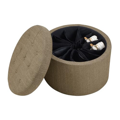 Designs4Comfort Round Shoe Ottoman 22" - Upholstered Footstool, Small Table, & Seat with Storage Compartment for Living Room, Entryway, Bedroom, Sandstone Fabric