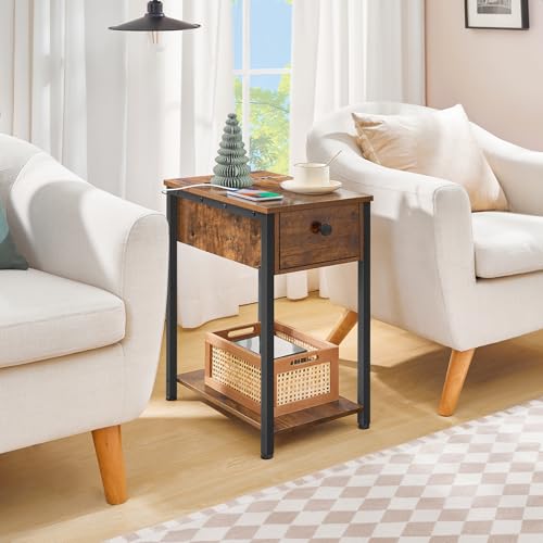End Table with Charging Station, Narrow Side Table, Small Nightstand, Bedside Tables with Drawer and Storage Shelves, for Small Spaces, Living Room, Bedroom, Rustic Brown and Black BF041BZ01G1