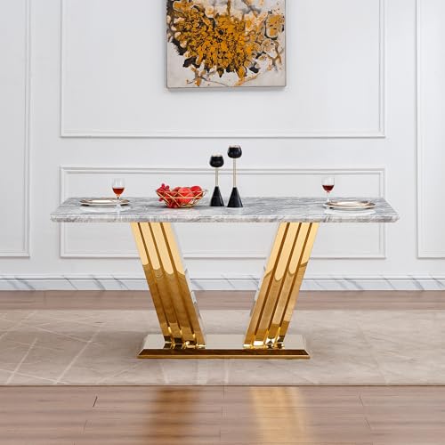 Marble Dining Table for 6 People, 70'' Rectangle Faux Marble Dining Table with Mirrored Stainless Steel Base, Large Size Marble Kitchen Table (Gold,Grey)(only Table)