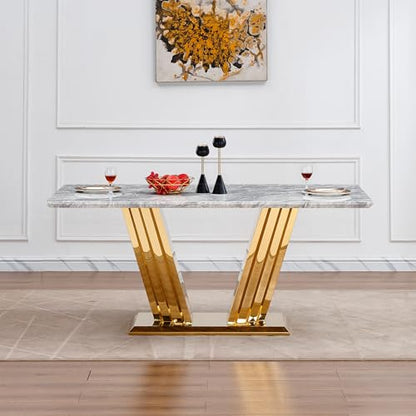 Marble Dining Table for 6 People, 70'' Rectangle Faux Marble Dining Table with Mirrored Stainless Steel Base, Large Size Marble Kitchen Table (Gold,Grey)(only Table)