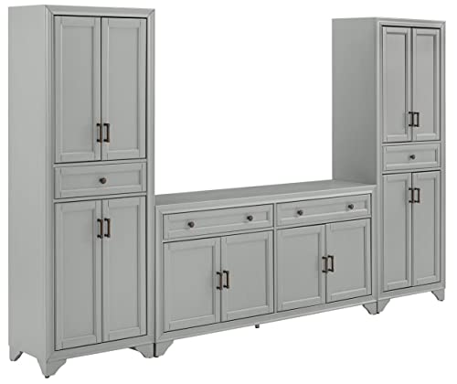 Tara 3-Piece Modern Farmhouse Sideboard Buffet Cabinet and Kitchen Storage Pantry Set, Distressed Gray