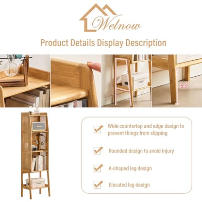 Bamboo Rattan Bookcase with Cabinet, 3-Tier Storage Shelf with Side Table & End Table Function, Large Modern Wood Organizer for Living Room or Bedroom, Natural Bookshelf