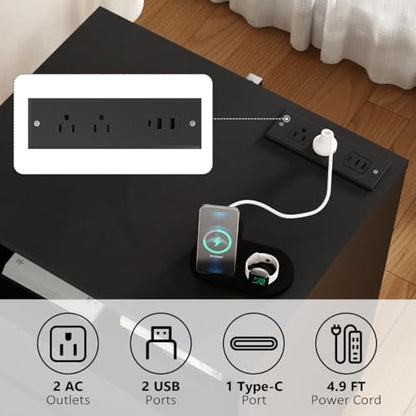 (Set of 2) End Table with Fast USB C Charging Station, Sofa Side Table with 2 Drawers, Large Storage Modern Wood Storage Cabinet for Living Room,Bedroom,Office, Black