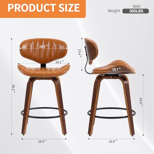 Swivel Bar Stools Set of 3, 24 inch PU Leather Wooden Bentwood Barstools Counter Height Modern Breakfast Bar Chairs with Backrest and Footrest for Kitchen Island, Dining Room D035-Brown-3