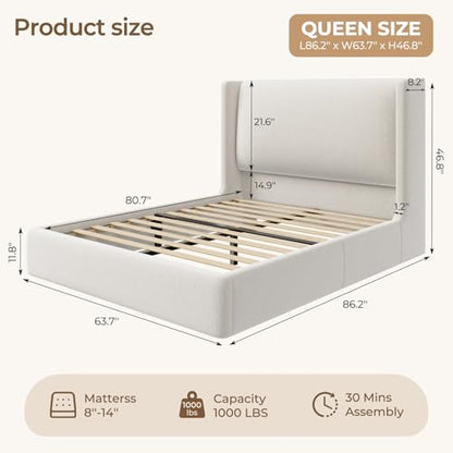 Queen Size Upholstered Bed Frame with 47" Wingback Headboard & LED Lights, Chenille Platform Bedframe with Wooden Slat Support, Non-Slip/Noise-Free/No Box Spring Needed/Easy Assembly, White