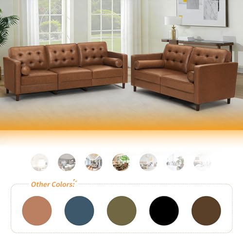 84 Inches Modern Faux Leather 3-Seat Sofa w/2 Bolster Pillows & Tufted Backrest, Mid-Century Couch, Premium 3 Seaters Sofa for Living Room, Bedroom, Office, Brown