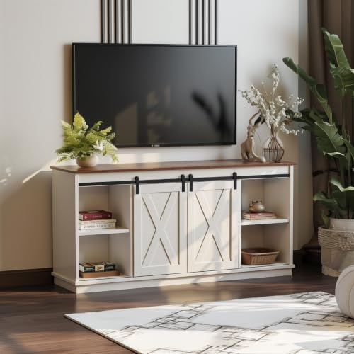 Farmhouse TV Stand 65 Inch, Wooden Entertainment Center, White, view 4