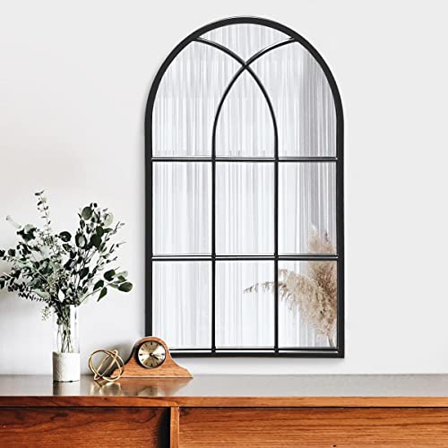 Wall Mounted Mirror, 24"x42" Arched Wall Mirror, Arched Window Shaped Farmhouse Style with Iron Frame, Paneled Wall Decor for Bedroom, Entryway, Living Room (Black)