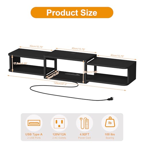 Floating TV Stand with LED, 47.3" USB Charging, Black, view 3