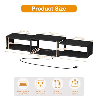 Floating TV Stand with LED, 47.3" USB Charging, Black, view 3