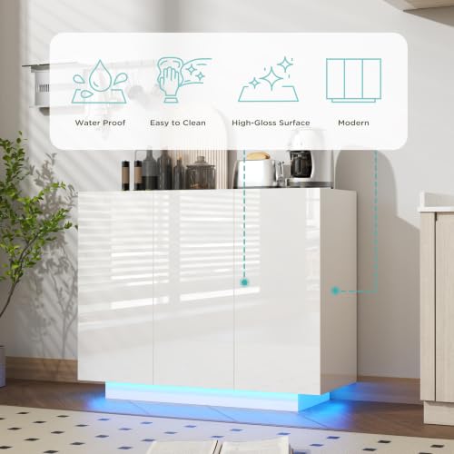 Modern 39.4" High Gloss Buffet Cabinet with LED Lights, White, view 7