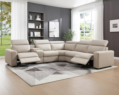 Power Recliner Sectional Sofa with Storage/USB Port, Leather Recliner Sofa with Adjustable Headrest, Reclining Sectional Couches with Console and Cup Holder for Living Room (Beige Brown)