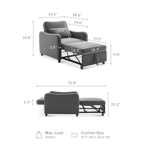 Sophie 4-in-1 Convertible Sleeper Chair Bed, Accent Chair, Chaise Lounge, Comfy Reading Armchair, Pull Out Sofa Bed with Adjustable Backrest for Living Room, Bedroom (Dark Gray Fabric)