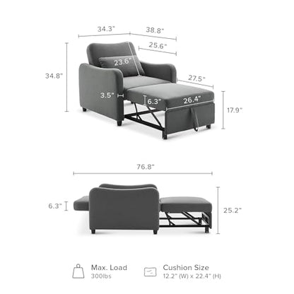 Sophie 4-in-1 Convertible Sleeper Chair Bed, Accent Chair, Chaise Lounge, Comfy Reading Armchair, Pull Out Sofa Bed with Adjustable Backrest for Living Room, Bedroom (Dark Gray Fabric)