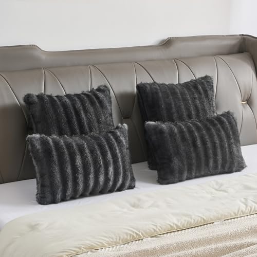 Pack of 2 Faux Mink Fur Throw Pillow Covers 24x24 Inch Soft Fluffy Dyeing Striped Textured Farmhouse Decorative European Cushion Case Modern Home Decor for Couch Bed Living Room, Dark Grey