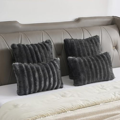Pack of 2 Faux Mink Fur Throw Pillow Covers 24x24 Inch Soft Fluffy Dyeing Striped Textured Farmhouse Decorative European Cushion Case Modern Home Decor for Couch Bed Living Room, Dark Grey