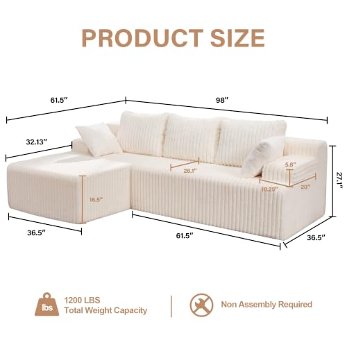 Modular Sectional - L-Shape Cloud Seating with Memory Foam, Convertible 3-Seat Living Room Furniture, Oversized Chaise Lounge, Washable Cover (White, 98", Left Hand Facing)