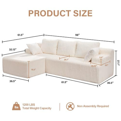 Modular Sectional - L-Shape Cloud Seating with Memory Foam, Convertible 3-Seat Living Room Furniture, Oversized Chaise Lounge, Washable Cover (White, 98", Left Hand Facing)