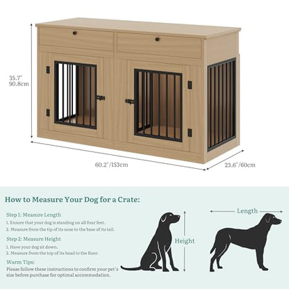 60" Dog Crate Furniture with Removable Divider & Storage Drawers, view 4
