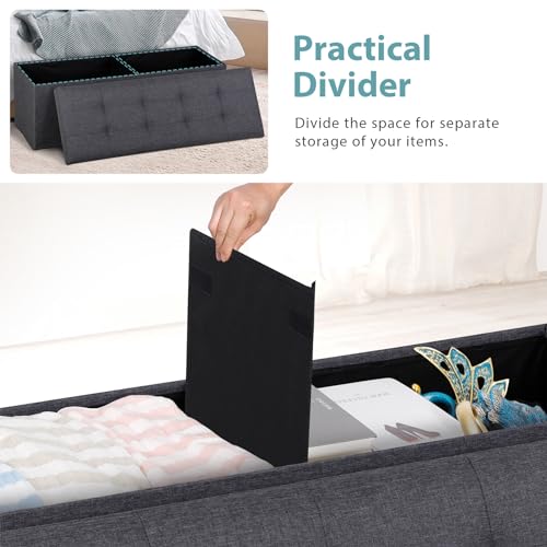 43 Inches Folding Storage Ottoman Bench, Ottoman Foot Rest, Storage Chest, 660 lbs Load Capacity, End of Bed Bench with Divider for Living Room, Bedroom, Entryway, Linen Fabric, Dark Grey
