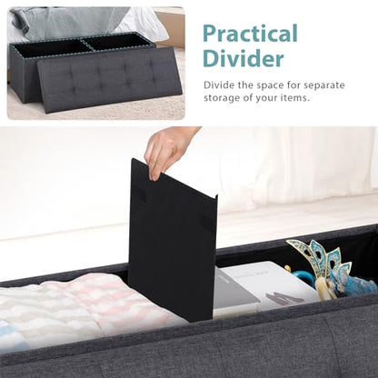 43 Inches Folding Storage Ottoman Bench, Ottoman Foot Rest, Storage Chest, 660 lbs Load Capacity, End of Bed Bench with Divider for Living Room, Bedroom, Entryway, Linen Fabric, Dark Grey