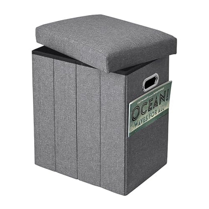 Tall Ottoman with Storage Collapsible Fabric Small Slim Folding Ottoman Furniture with Handles Lid for Room Footrest Foot Stool Linen Grey 16.5x16.5x11.8in