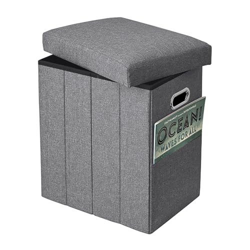 Tall Ottoman with Storage Collapsible Fabric Small Slim Folding Ottoman Furniture with Handles Lid for Room Footrest Foot Stool Linen Grey 16.5x16.5x11.8in
