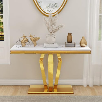 Gold Console Table, Luxury White and Gold Sofa Table, 50 inch Rectangle Entryway Table with Polished Geometric Base for Living Room, Hallway