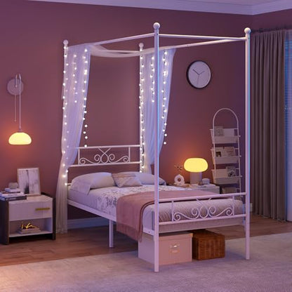 Twin Canopy Bed Frame with Headboard, Metal Twin Beds for Kids, White, view 5