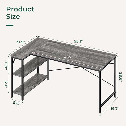 L Shaped Desk, 55 Inches Computer Desk with Reversible Storage Shelves, for Gaming Corner Home Office Writing Study, Metal Frame, Gray