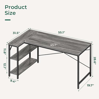 L Shaped Desk, 55 Inches Computer Desk with Reversible Storage Shelves, for Gaming Corner Home Office Writing Study, Metal Frame, Gray