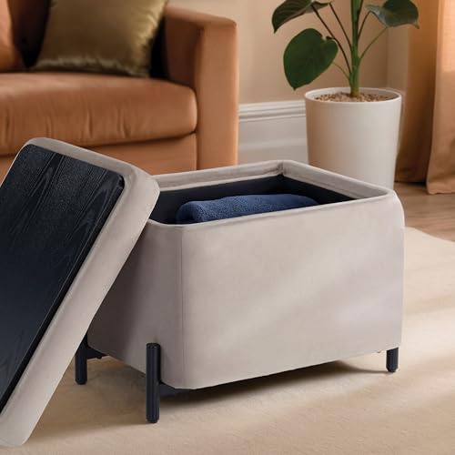 ® Connor 24" Small Storage Ottoman, Modern Boho, Matte Black Metal Legs, Velvet Fabric, Taupe