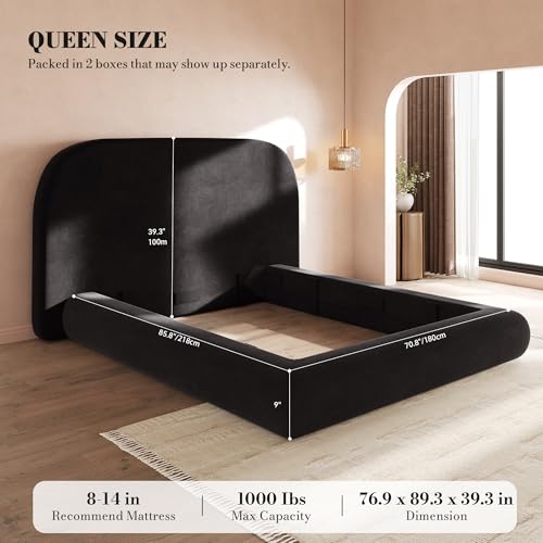 Queen Size Bed Frame, Curved Arched Soft Cloud Bed with Headboard, view 3