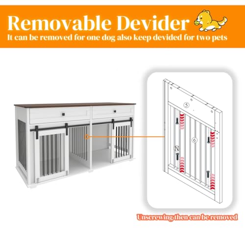 63'' Double Dog Crate Furniture, XXL Dog Kennel TV Stand,White, view 5