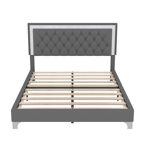 3 Pieces Bedroom Set, Queen Size Upholstered Platform Bed Frame with LED Lights and 2 Nightstands,Farmhouse Bedroom Furniture Set,Gray
