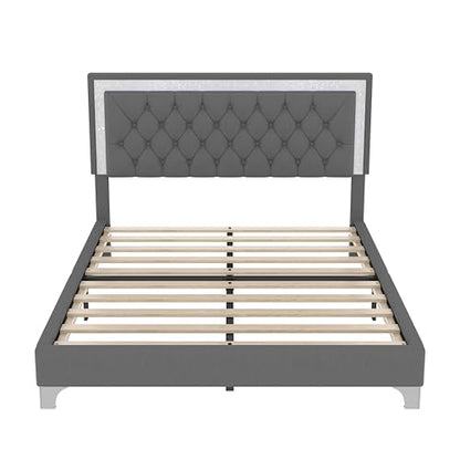 Linique 3-Pieces Bedroom Sets, Queen Size Velvet Upholstered Platform Bed Frame with LED Lights and Two Nightstands, Wooden Platform Bed with Button Tufted Headboard, Grey