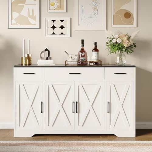 55 Inch Farmhouse Sideboard Buffet Cabinet with Storage & 3 Drawers & Barn Doors Large Modern Wood Coffee Bar Buffet Table, Dining Room Storage Cabinet for Dining Room, Kitchen, Living Room