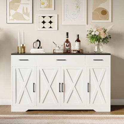 55 Inch Farmhouse Sideboard Buffet Cabinet with Storage & 3 Drawers & Barn Doors Large Modern Wood Coffee Bar Buffet Table, Dining Room Storage Cabinet for Dining Room, Kitchen, Living Room