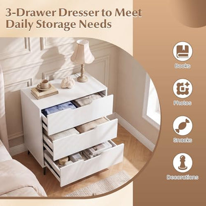3-Drawer Dresser, Chest of Drawers, Rustic Farmhouse Wooden Storage Dresser, Sofa Beside Table, Utility Storage Organizer for Bedroom, Living Room, Study, Entryway and Closet (White)