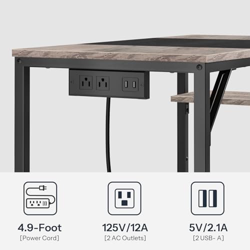 Small Computer Desk, Home Office Desk with Power Outlet, Writing Desk with 2 Shelves, Modern Small Desk for Home Office, Study, Easy to Assemble, Charcoal Gray and Black BG43UDN01