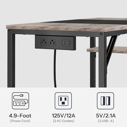 Small Computer Desk, Home Office Desk with Power Outlet, Writing Desk with 2 Shelves, Modern Small Desk for Home Office, Study, Easy to Assemble, Charcoal Gray and Black BG43UDN01